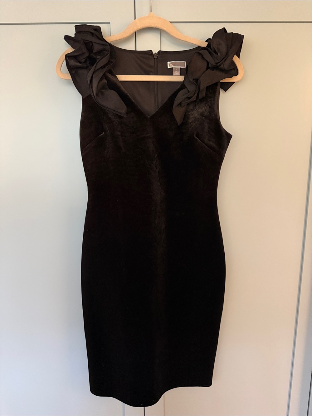 Chelsea28 Black Velvet Midi Dress with Ruffle Shoulder Details